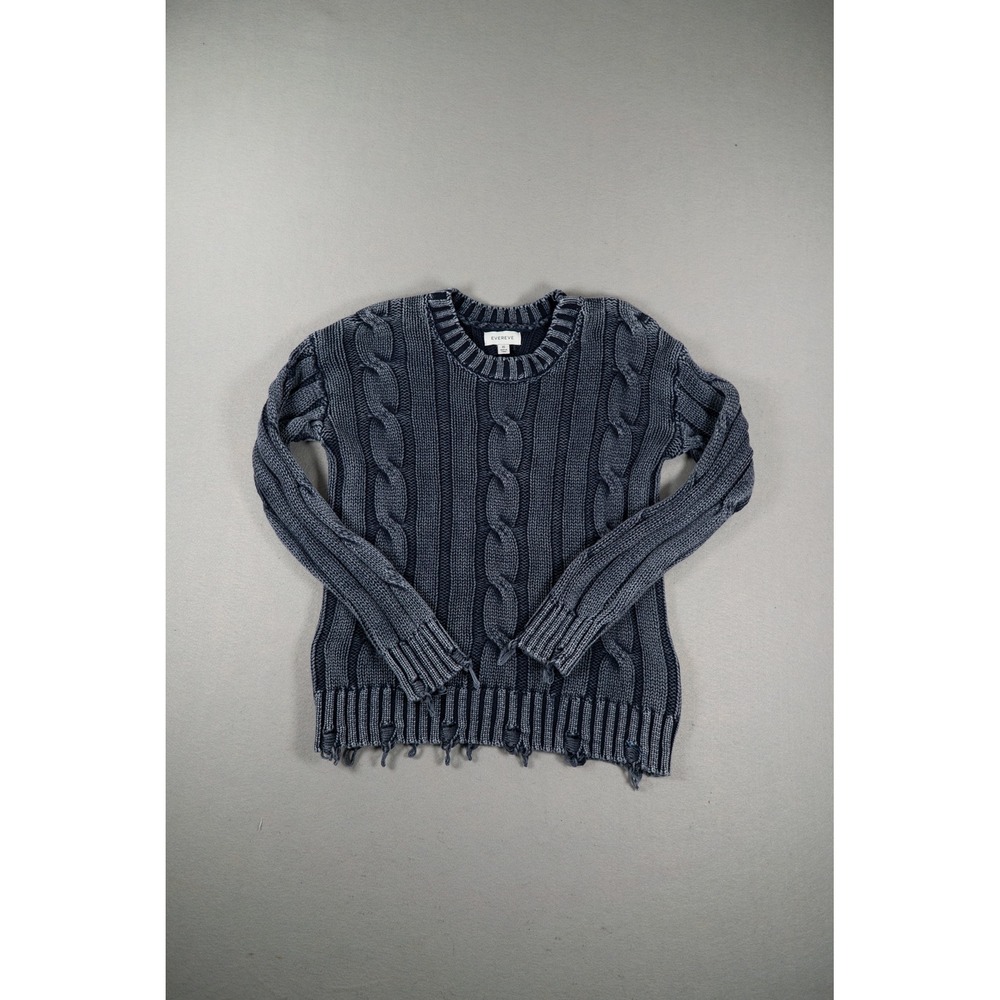 Evereve Womens Sweater EF24-1657S Distressed Cable Knit Navy Blue XS Grunge